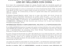 Ecuador obtiene alivio financiero por $ 891 millones con China