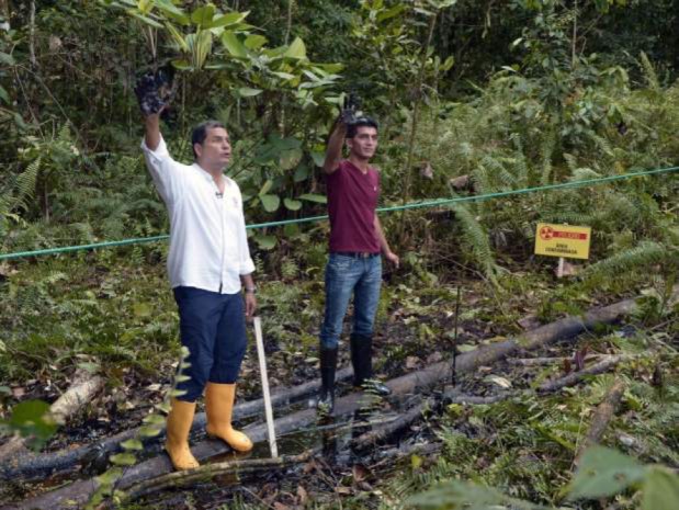 FOTOGRAFÍA AFP / RODRIGO BUENDIA El presidente ecuatoriano Rafael Correa y un habitante muestran sus manos cubiertas de crudo en el pozo Aguarico 4 en Aguarico, Ecuador, el 17 de septiembre de 2013. FOTOGRAFÍA AFP / RODRIGO BUENDIA El presidente ecuatoriano Rafael Correa y un habitante muestran sus manos cubiertas de crudo en el pozo Aguarico 4 en Aguarico, Ecuador, el 17 de septiembre de 2013.
