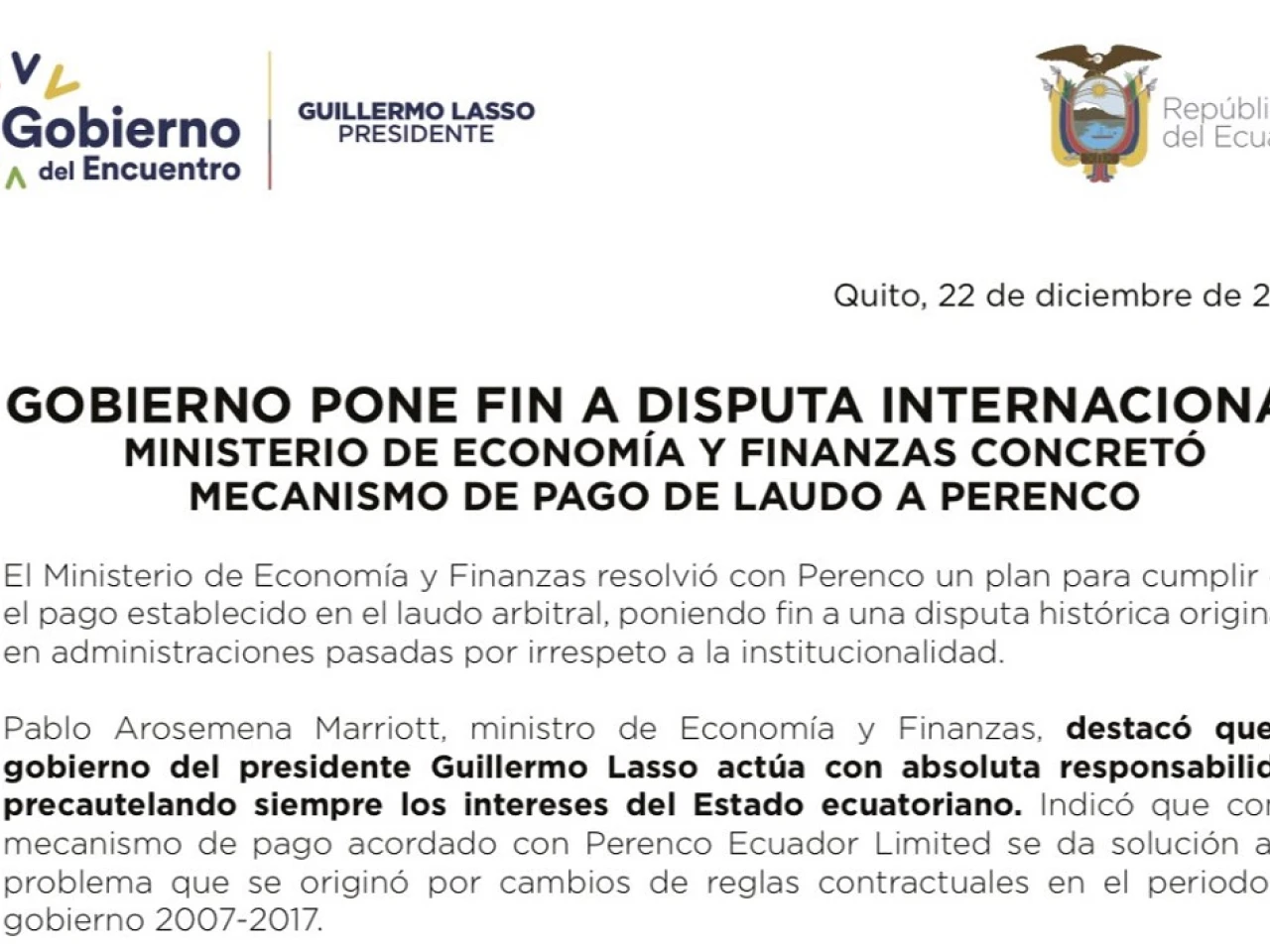 Ecuador concreta el mecanismo de pago de laudo a Perenco