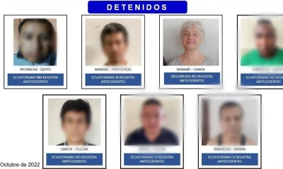 Entre los siete detenidos hay cinco hombres ecuatorianos y una mujer bielorrusa, quien según la Policía de Ecuador sería parte de una red internacional de pedofilia / Foto: cortesía Policía Nacional