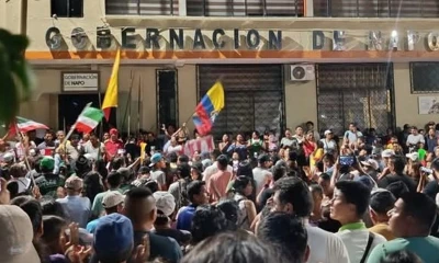 Las protestas contra la cárcel en Archidona se concentraron en los exteriores de la Gobernación de Napo / Foto: cortesía Conaie