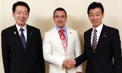 Daniel Noboa mantuvo una reunión con Yoji Muto, ministro de Economía de Japón, y el Presidente de la Liga Parlamentaria, Nishimura Yasutoshi / Foto: cortesía Presidencia