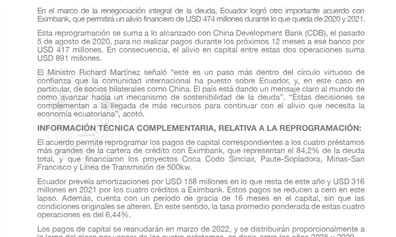 Ecuador obtiene alivio financiero por $ 891 millones con China / Cortesía del Ministerio de Finanzas