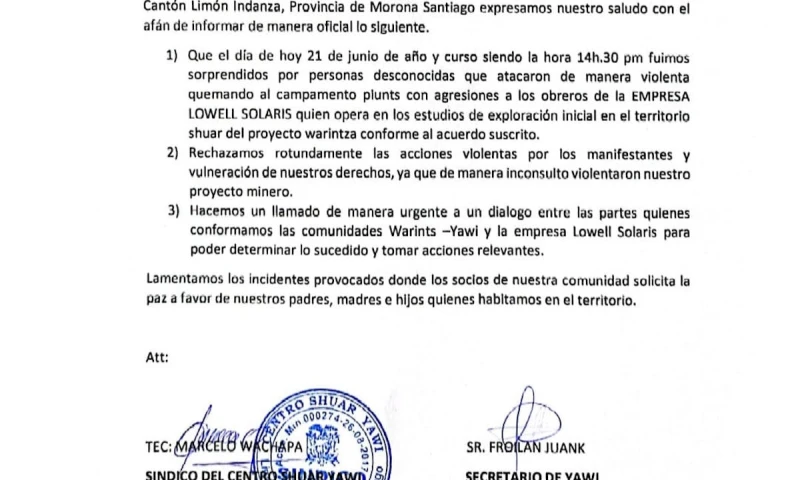 Campamento minero de la empresa Lowell fue destruido en Morona / Foto: cortesía de la organización comunitaria Warints y Yawi