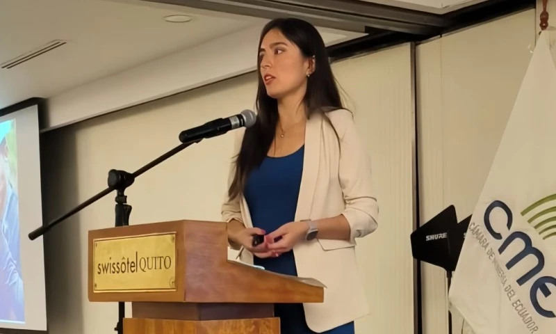 Mery Recalde, gerente de regulación de Lowell Mineral Exploration, filial ecuatoriana de Solaris, participó en el evento Minet 2025 / Foto: cortesía Cámara de Minería del Ecuador