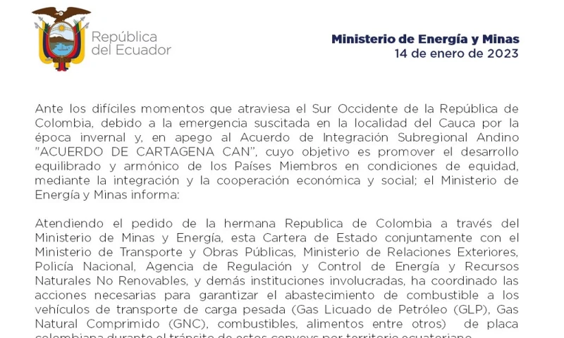 La acción obedece a la situación en el departamento de Nariño tras el deslizamiento de tierra que destrozó un tramo de la Panamericana / Imagen: ministerio de Energía 