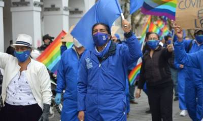 Cuenca. 25 de mayo del 2020. Jornada de protesta contra el gobierno nacional por las medidas económicas. Trabajadores de la Salud, Prefectura, maestros y estudiantes protestaron desde el parque de San Blas hasta el parque Calderón. API/Boris Romoleroux