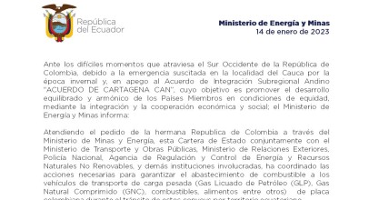 Ecuador suministra combustible a suroeste de Colombia afectado por temporales