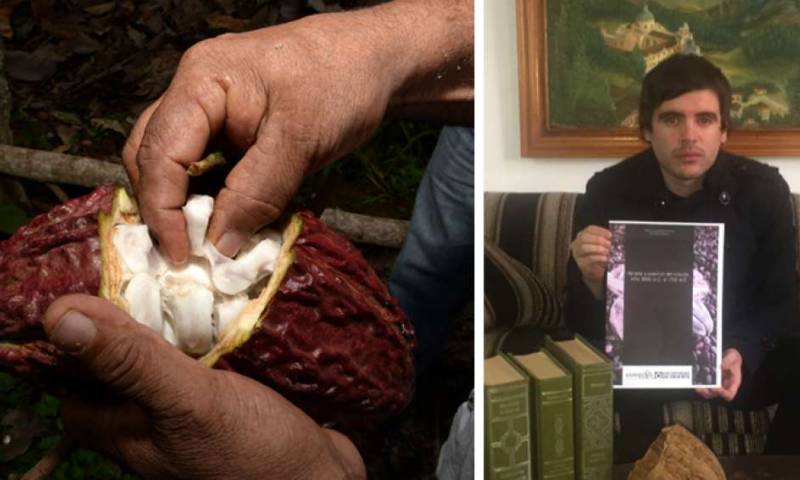 Por lo menos una variedad de Theobroma Cacao tiene su origen en la Alta Amazonía y ha sido utilizada en la región por más de 5.000 años. En la gráfica derecha, ?Roberto Ordóñez muestra la portada de su libro que presentará a mediados de este mes de mayo. Foto: El Telégrafo