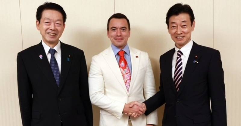 Daniel Noboa mantuvo una reunión con Yoji Muto, ministro de Economía de Japón, y el Presidente de la Liga Parlamentaria, Nishimura Yasutoshi / Foto: cortesía Presidencia